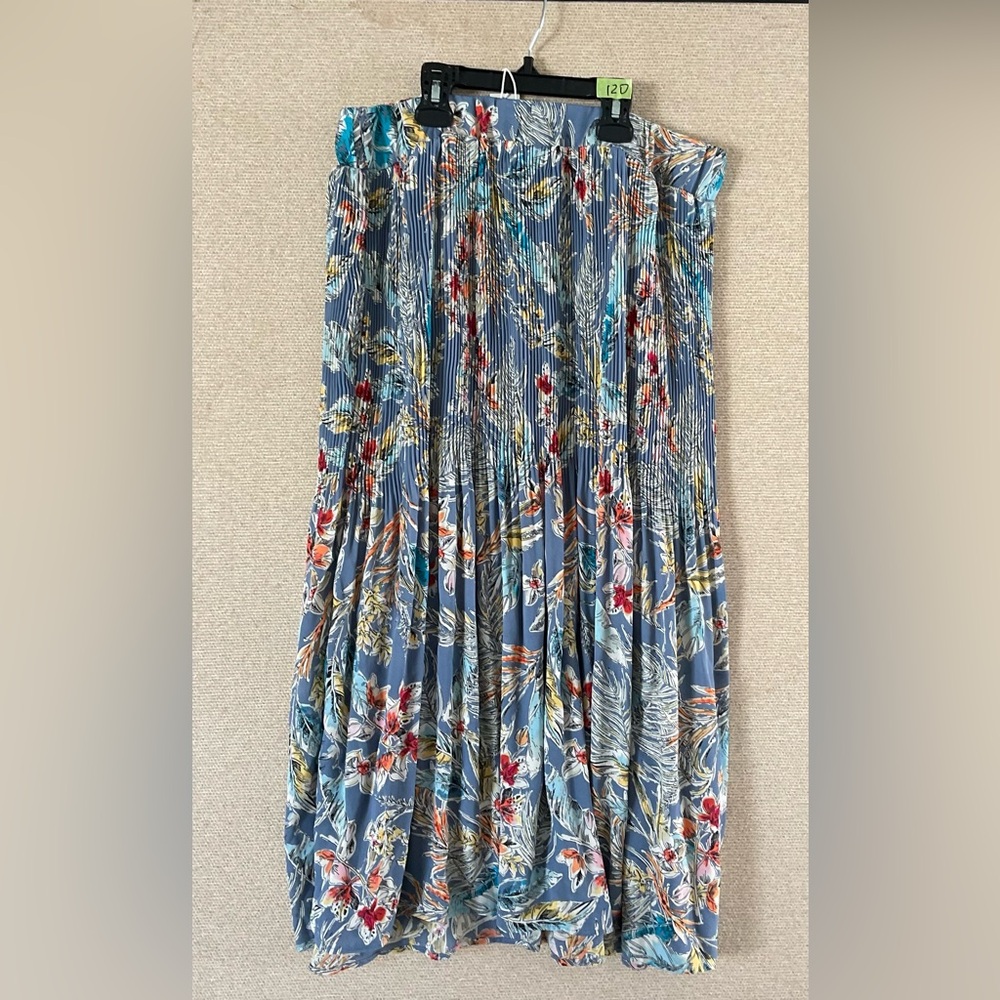 CHENAUL Blue Floral Print Pleated Midi Skirt